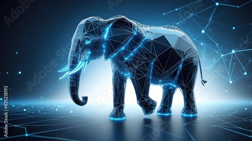 Digital wireframe polygon illustration of an elephant, featuring technology lines and blue glow points © Hashim