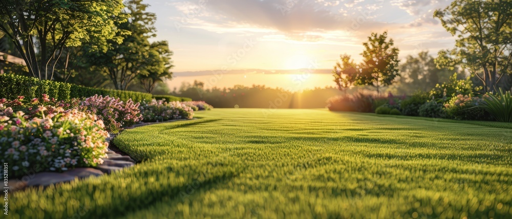 Obraz premium Beautiful manicured lawn and flowerbed with deciduous shrubs