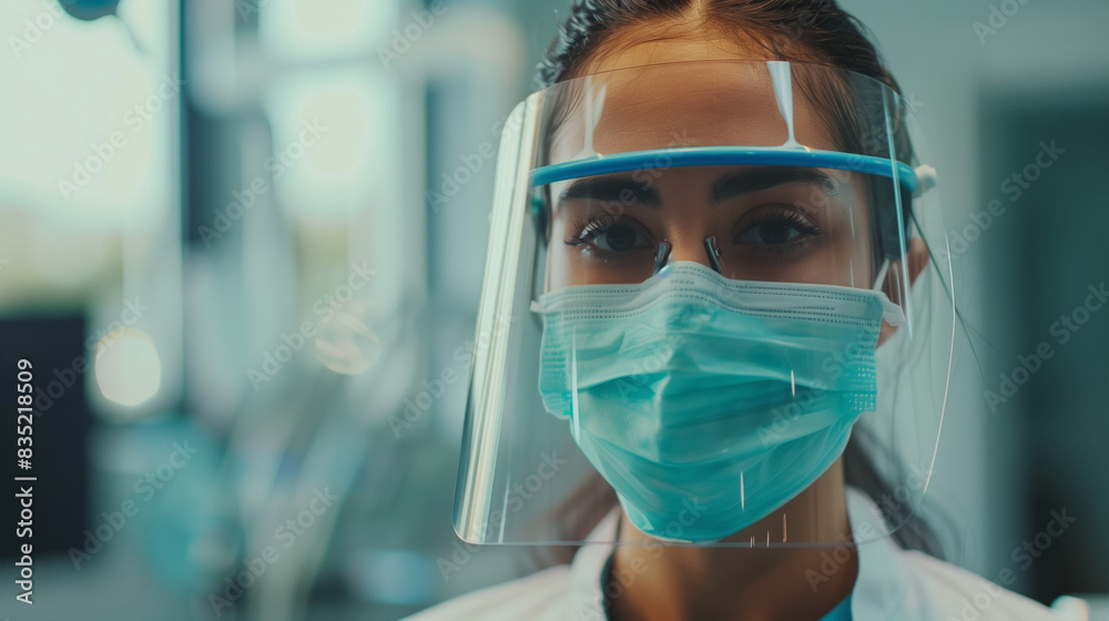 Dentist who wears a mask and protective shield while ensuring infection control in the dental office. Dentist who wears a mask and protective shield while ensuring infection control in the dental office.