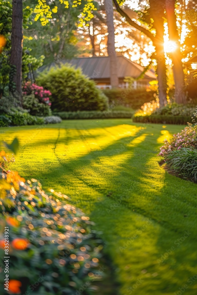 Obraz premium Beautiful manicured lawn and flowerbed with deciduous shrubs