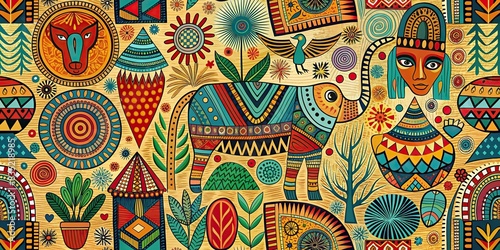Colorful African abstract art shapes on pastel background with tribal doodle decoration and animal print textures, African, abstract, shapes, pastel background, tribal, doodle photo