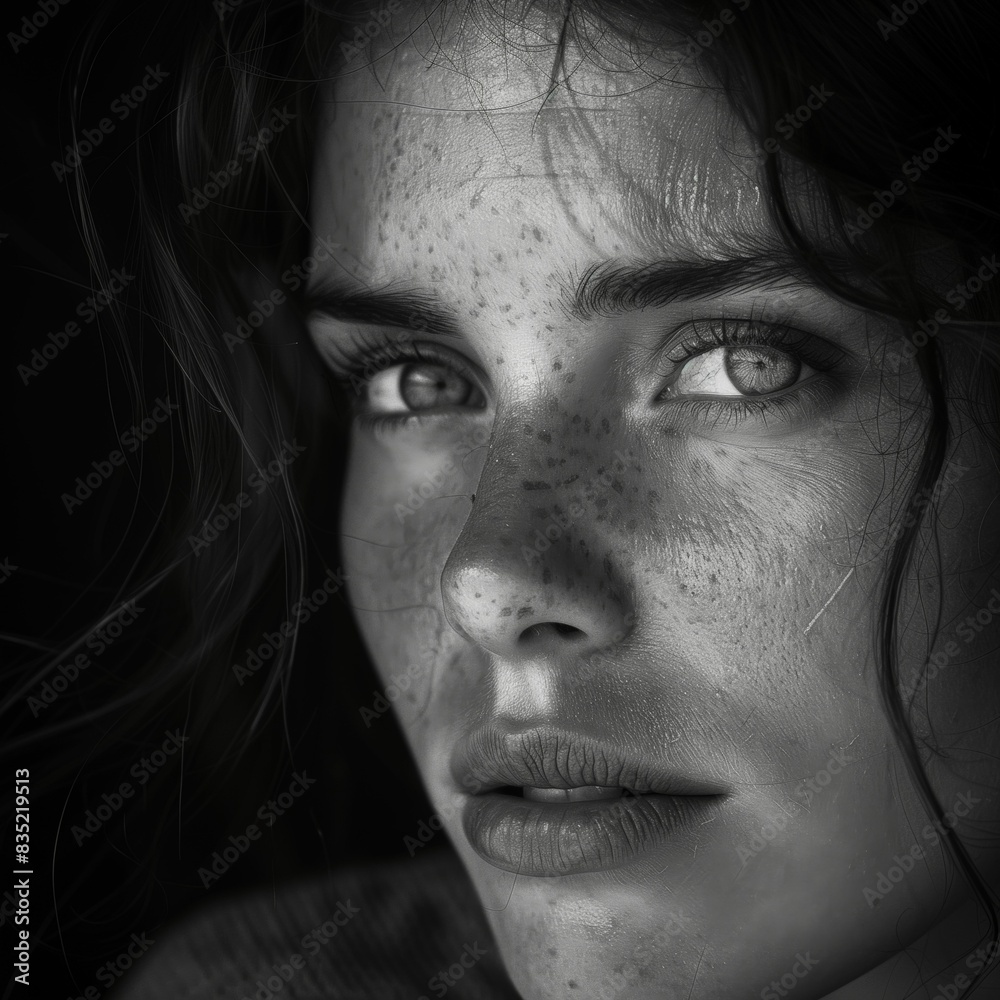 Close-up black and white portrait of a woman with freckles and intense gaze, captured in dramatic lighting. Close-up black and white portrait of a woman with freckles and intense gaze, captured in dramatic lighting.