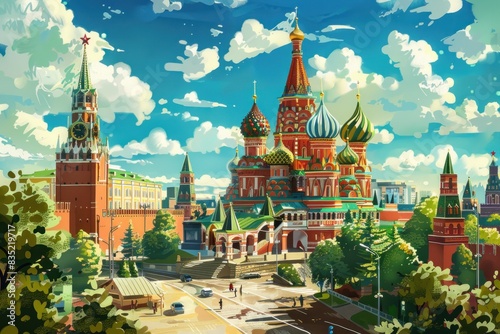 Artistic illustration of Moscow, Russia - Kremlin and The Cathedral of Vasily the Blessed photo