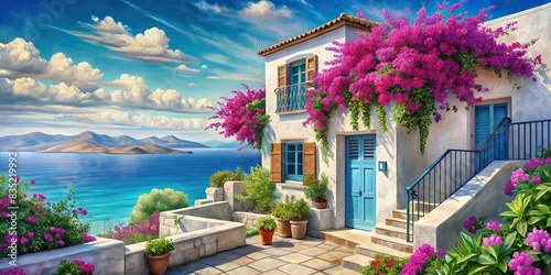 Watercolor painting of a beautiful Greek house with a Seaview, bougainvillea, and blue sky , Greece, house, watercolor, painting, white building, Seaview, alley, door, window