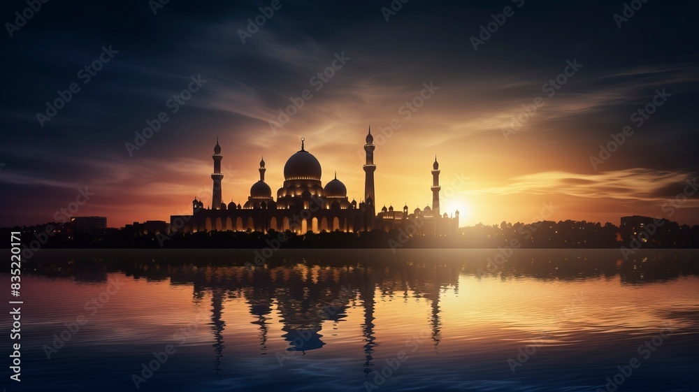 Ramadan Kareem religious background with mosque silhouettes reflected in serene sea, copy space, generative ai Ramadan Kareem religious background with mosque silhouettes reflected in serene sea, copy space, generative ai