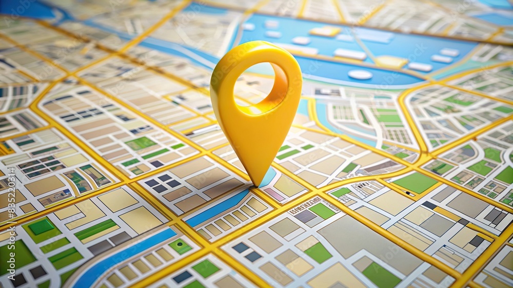 Ilustrace „City map with yellow location pin on streets, city, map ...