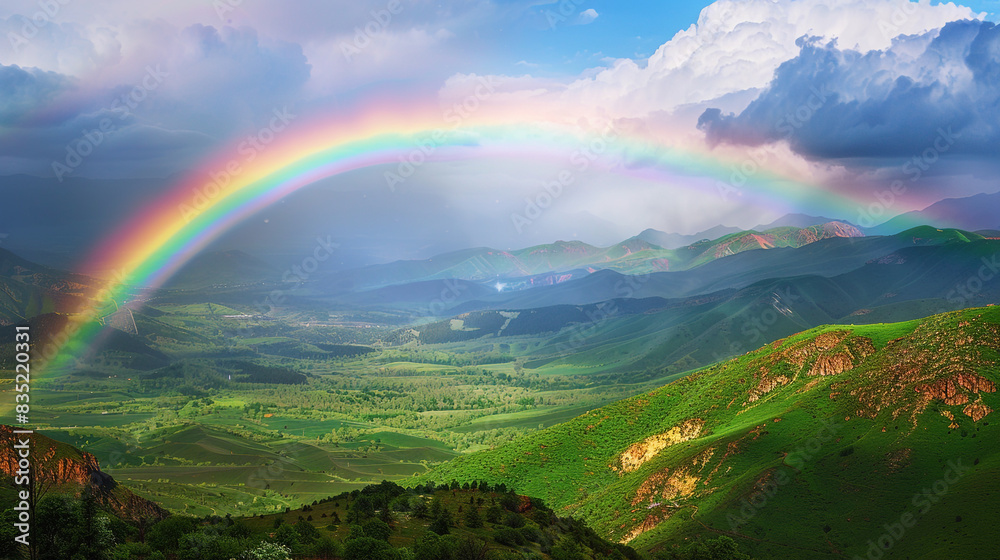 A breathtaking view of a rainbow arcing over a vibrant, green valley after a storm. A breathtaking view of a rainbow arcing over a vibrant, green valley after a storm.