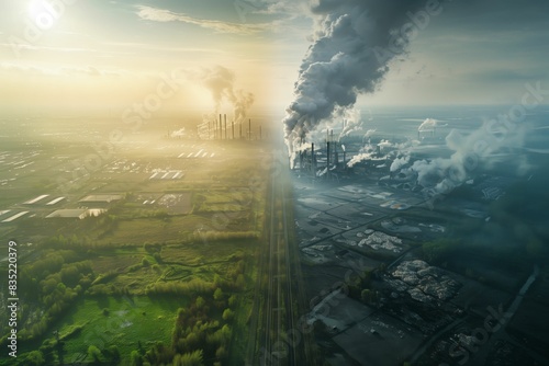 Dramatic contrast between polluted industrial area and clean, green landscape. Visual representation of environmental impact and pollution.