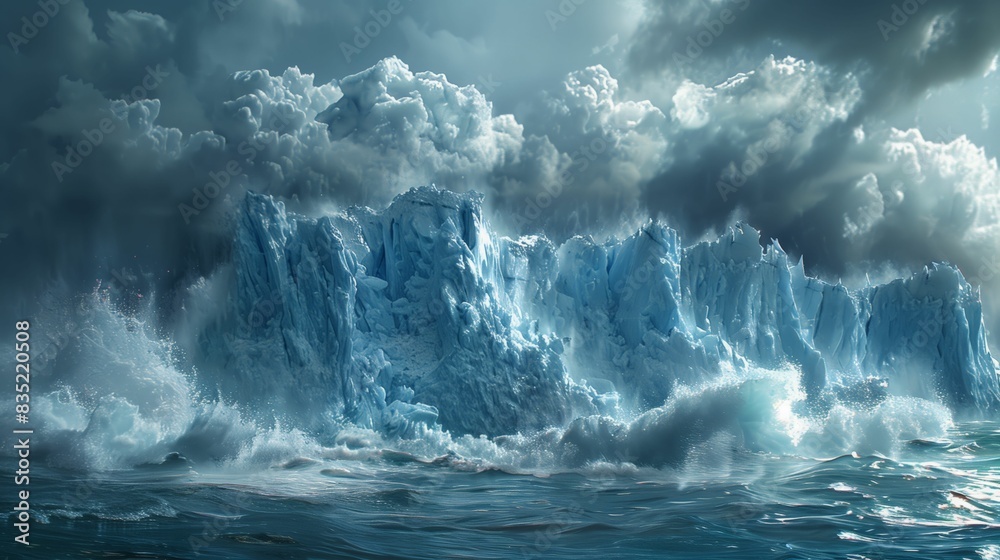 Dramatic ocean waves crashing against a majestic iceberg under stormy skies, showcasing the raw power and beauty of nature. Dramatic ocean waves crashing against a majestic iceberg under stormy skies, showcasing the raw power and beauty of nature.