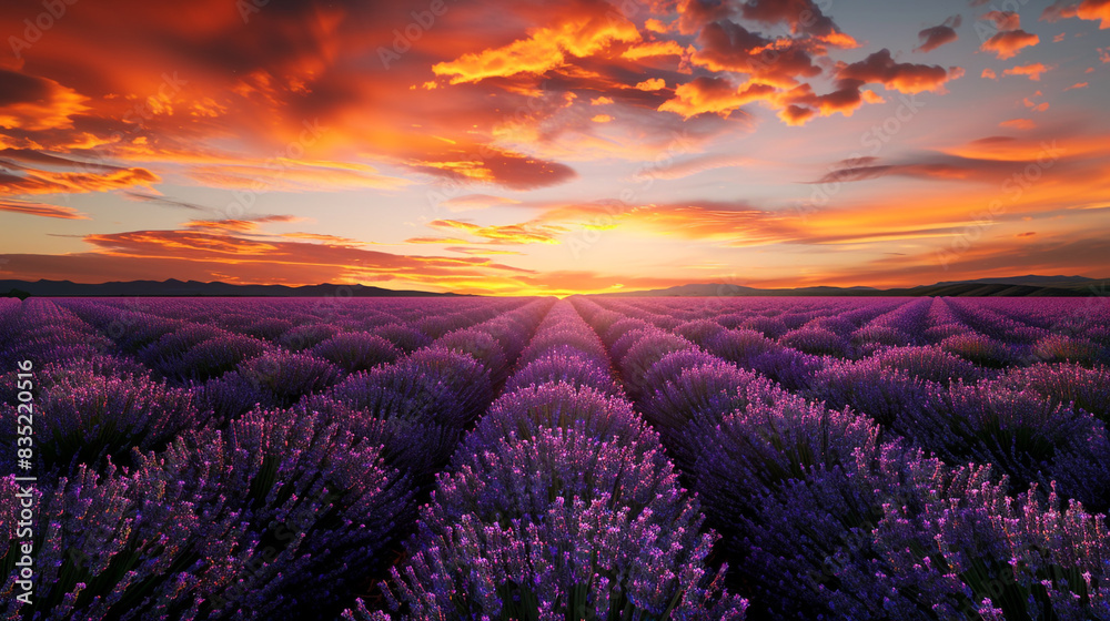 A captivating view of a lavender field at sunset, with the sky ablaze in oranges and pinks. A captivating view of a lavender field at sunset, with the sky ablaze in oranges and pinks.
