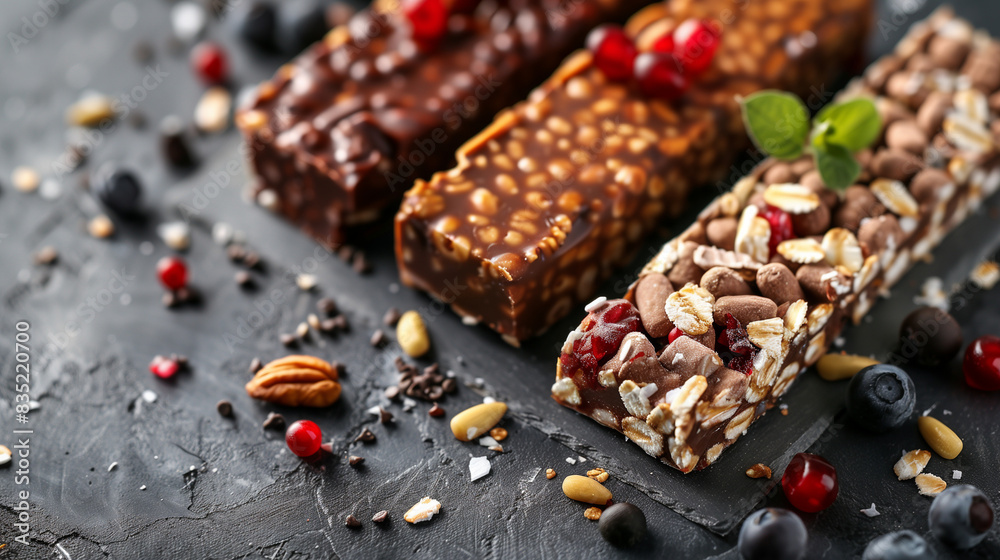 Assorted Granola Bars with Nuts and Berries on Dark Background Assorted Granola Bars with Nuts and Berries on Dark Background