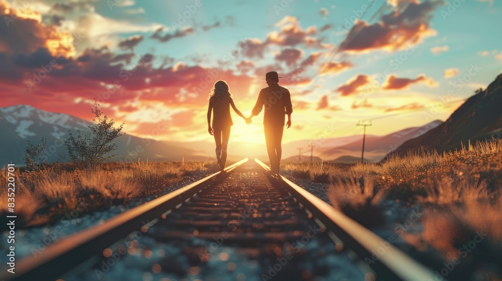Romantic couple walking on railroad tracks at sunset with majestic ...