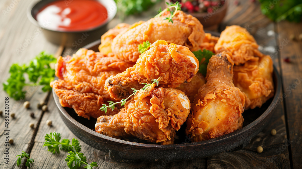 Fried Chicken Drumsticks with Sauce on Wooden Table