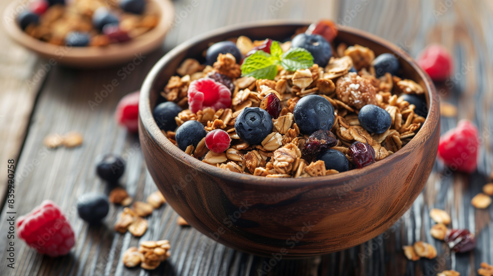 Bowl of Granola with Fresh Berries on Wooden Table Bowl of Granola with Fresh Berries on Wooden Table