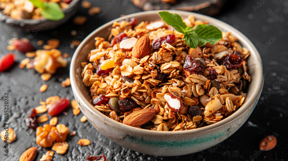 Bowl of Granola with Nuts and Dried Fruits on Dark Background Bowl of Granola with Nuts and Dried Fruits on Dark Background