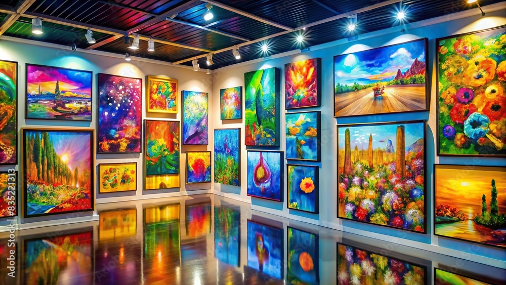 Vibrant stock photo of colorful paintings in an art gallery, artwork, gallery, vibrant, colorful, paintings, abstract, modern, interior design, decor, creativity, traditional