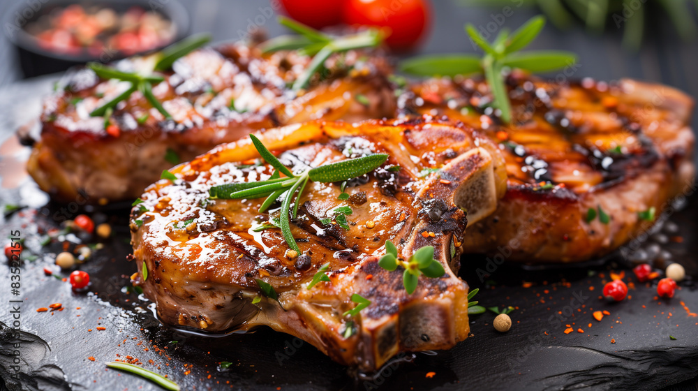 Grilled Pork Chops with Rosemary and Peppercorns on Dark Background Grilled Pork Chops with Rosemary and Peppercorns on Dark Background