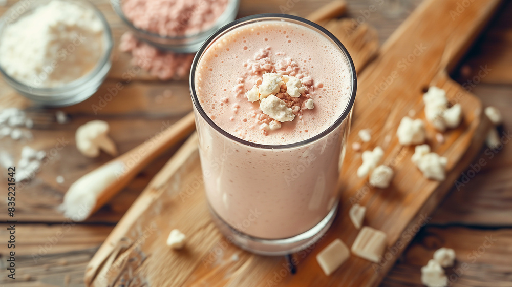 Strawberry Protein Shake with Powder on Wooden Board Strawberry Protein Shake with Powder on Wooden Board