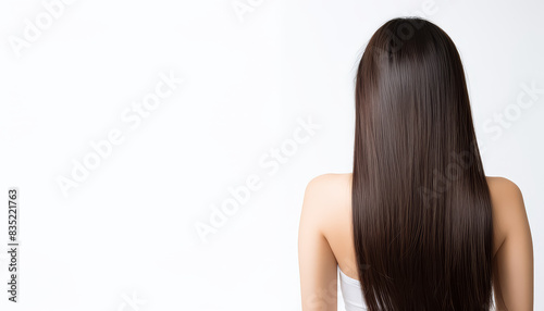 A woman with long brown hair is shown with her back to the camera