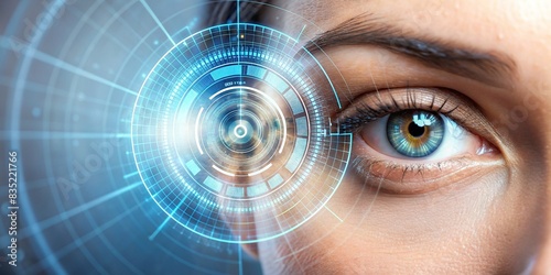 Close up of woman's eye being scanned with digital vision technology , futuristic, technology, AI, biometrics, security, privacy, authentication, iris scan, close-up, inspection, scanning photo