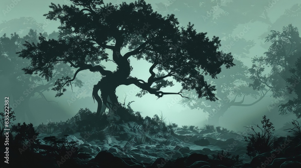 Silhouetted Tree in Misty Forest at Dawn Silhouetted Tree in Misty Forest at Dawn