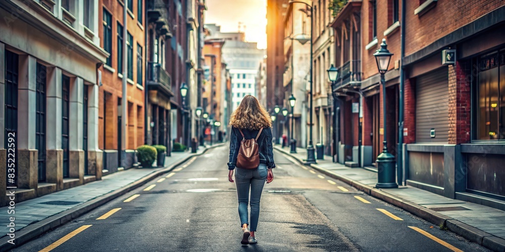 Empty urban street with young woman walking away in the distance, city, street, urban, young woman, walking, busy, bustling, back view, solitude, empty, pavement, buildings, architecture