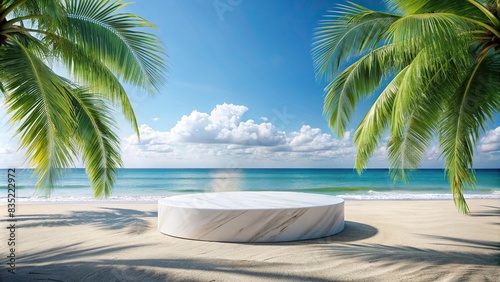 Marble podium for product display on a summer beach mockup with white sand, palm trees, and ocean background , marble, podium, product display, summer, beach, mockup, white sand, palm trees