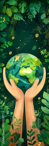 Earth Day, World Gratitude Day, Illustration with Hands Holding Globe Surrounded by Green Foliage and Leaves in a Lush Nature Scene