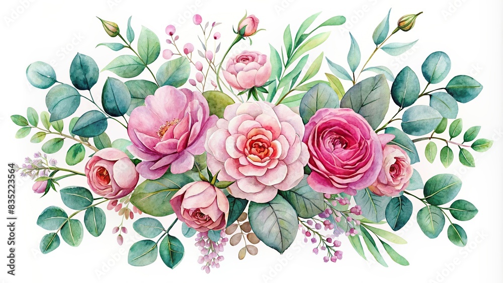Watercolor floral of pink flowers and eucalyptus greenery bouquet, perfect for wedding stationary and greetings, watercolor, floral,pink flowers, eucalyptus, bouquet, dusty roses