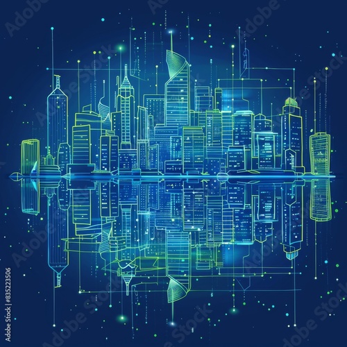 Brightly Illustrated Future City Skyline with Vector Buildings, abstract graphic, banner design, brochure, pattern design, web, background template