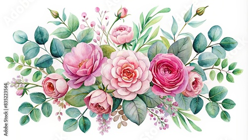Watercolor floral of pink flowers and eucalyptus greenery bouquet  perfect for wedding stationary and greetings  watercolor  floral pink flowers  eucalyptus  bouquet  dusty roses