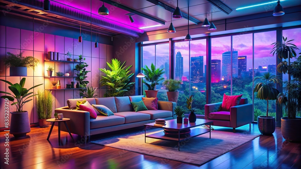 Cyberpunk living room with vibrant colors, plants, and a modern couch ...