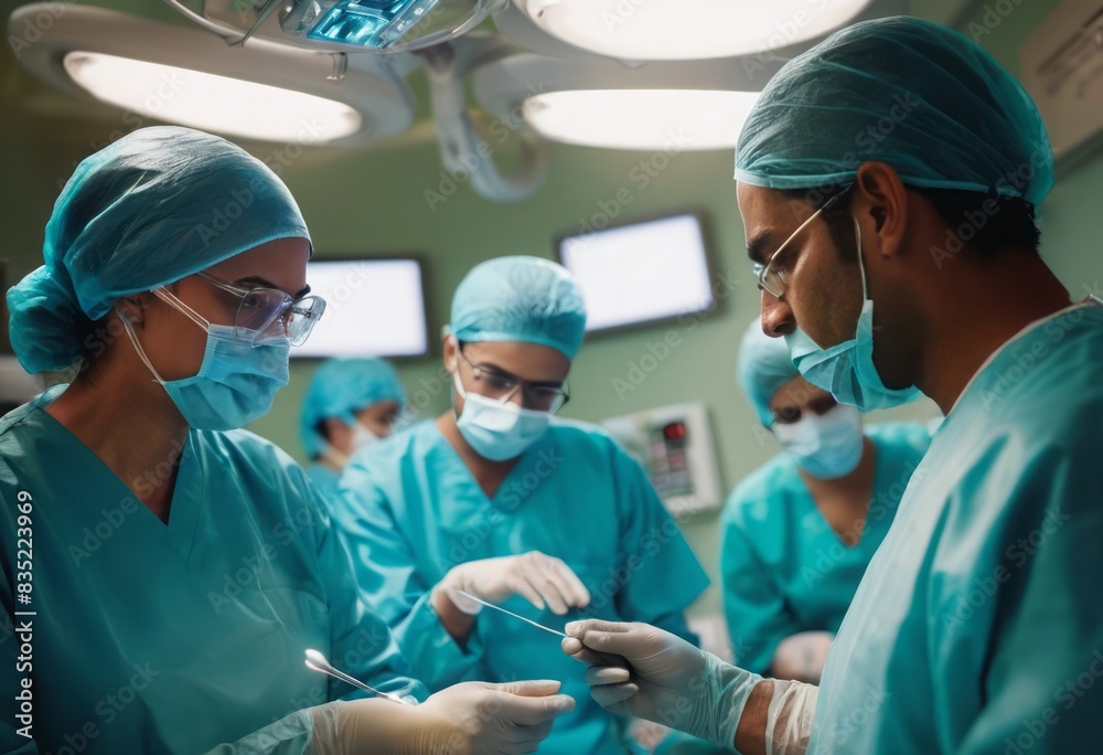 A team of surgeons focused on a surgical procedure, displaying teamwork and expertise within the operating room. A team of surgeons focused on a surgical procedure, displaying teamwork and expertise within the operating room.