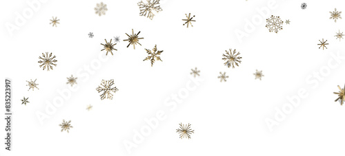 Snowflakes - new year pattern. Christmas theme, golden openwork shiny snowflakes, star, 3D rendering.