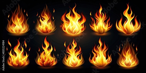 Various fire icon s representing flames in a collection set, fire, icon,flame, symbol, collection, heat, burning, hot, bright, inferno, blaze, torch, ignition, danger, passion, energy