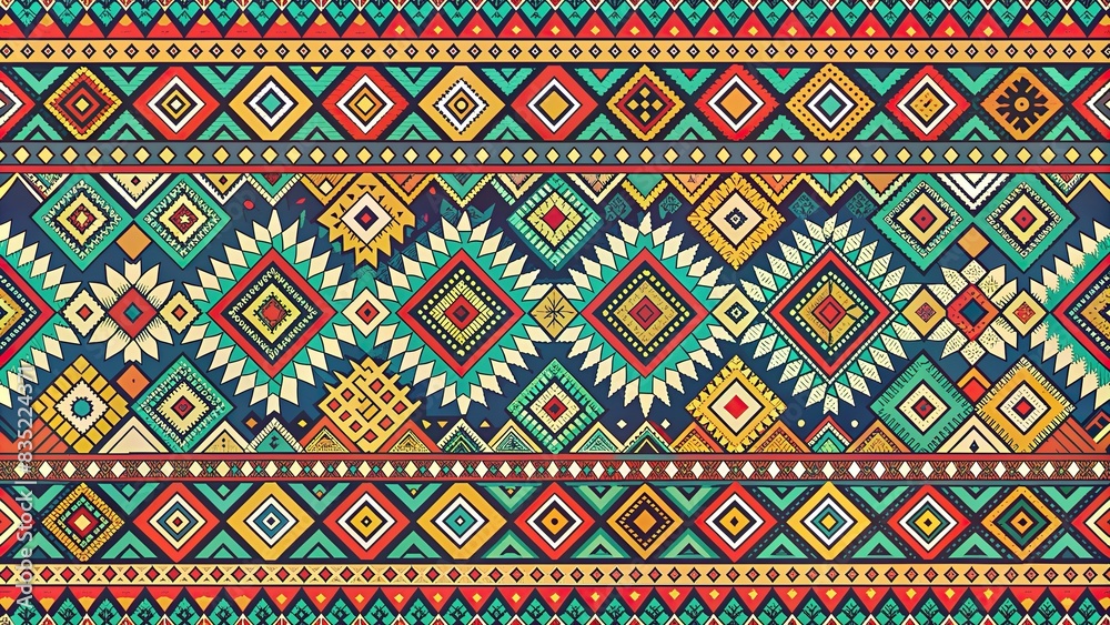 Colorful hand-drawn ethnic tribal repeat pattern background, ornamental, multi-colored, decorative, geometric, texture, border, creative, design, hand-drawn, traced, ornamental, abstract