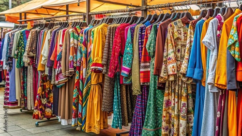 1970s vintage style clothing on display at a retro fashion flea market , vintage, retro, fashion, trend, nostalgia, 1970s, hipster, stylish, couple, clothing, colorful, bohemian, groovy