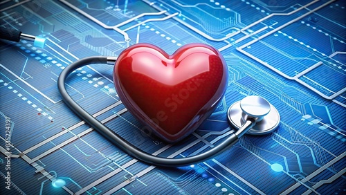 Stethoscope and heart with ECG line on circuit board background Concept of heart health, cardiologist consultation, cardiac ischemia, arrhythmia , stethoscope, heart, ECG, circuit board photo