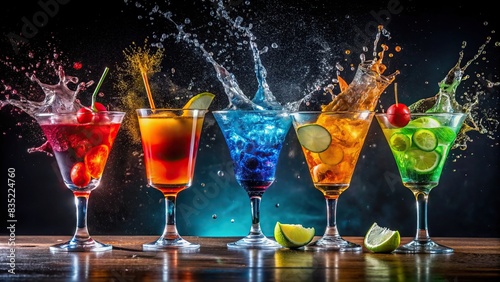 Colorful cocktails splashing out from the glasses , cocktail, colorful, drink, beverage, splash, glass, refreshing, bar, mixology, vibrant, celebration, party, fun, alcohol, fruity, liquid
