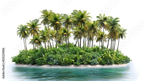 Island with green trees in the middle of sea isolated on white background