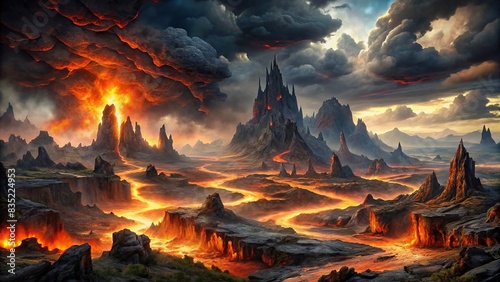 Hellish landscape with fiery pits, grim rocks, dark clouds, and fantastical creatures , hell, fire, grim, rocks, dark, clouds, fantastical, creatures, demons, underworld, evil