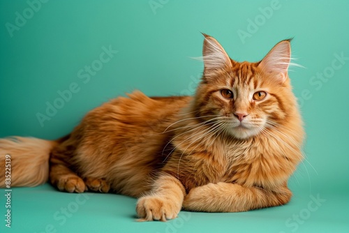 Studio photo of a cute ginger cat isolated against a background of pastel shades, creating a soft and appealing visual. © Mark G