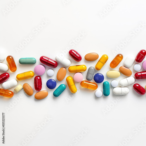 A row of colorful pills are scattered across a white background