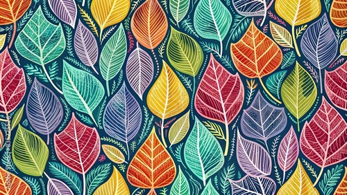 Colorful leaves pattern design with hand-drawn outline  perfect for fabric  print  and invitation backgrounds  luxury  nature  leaves  colorful  template  design  hand-drawn  outline  fabric