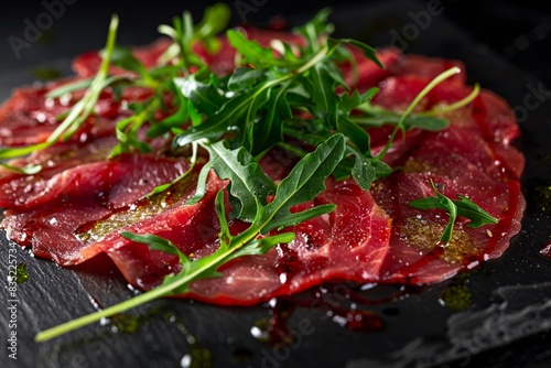 Italian beef carpaccio, paper-thin slices of ultra-fresh raw beef garnished with arugula and drizzled with vinaigrette