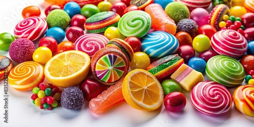 Vibrant assortment of bright colored candies on a white background, sweets, candy, rainbow, colorful, treats, confectionery, dessert, sugar, tasty, delicious, assorted, vibrant, indulgence photo