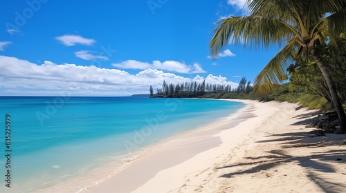 Scenic Tropical Beach with Clear Blue Water and Palm Trees