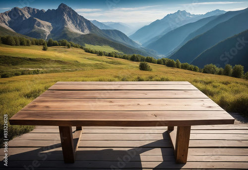 Rustic Wooden Table in Captivating Mountain Landscape Ideal for Product Display or Serene Contemplation © Giuseppe Cammino