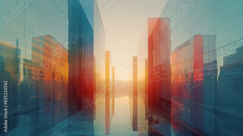 Abstract city skyline with glowing sunrise reflected in glass buildings.