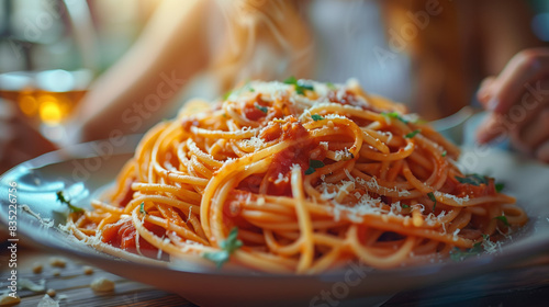 Anonymous person enjoying a delicious plate of spaghetti. Generative AI image photo